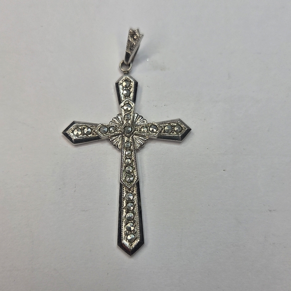 sterling silver marcasite cross marked art deco large religous worship no chain - Picture 1 of 4